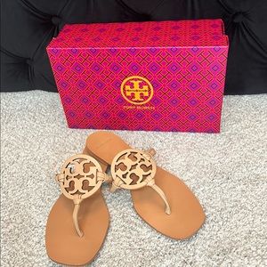 Tory Burch “Miller” Square Toe Sandal in light tan leather.